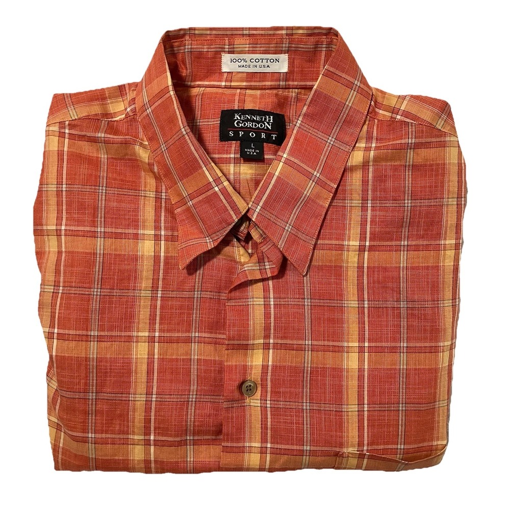 Kenneth Gordon Sport Orange Plaid Button Up Mens Size L Made In USA Stripes